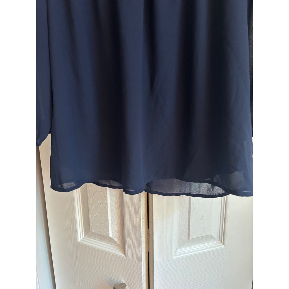 NWT Monteau Navy Blue Chiffon Tunic Blouse Medium Ruffle Neck Sheer - Picture 7 of 11